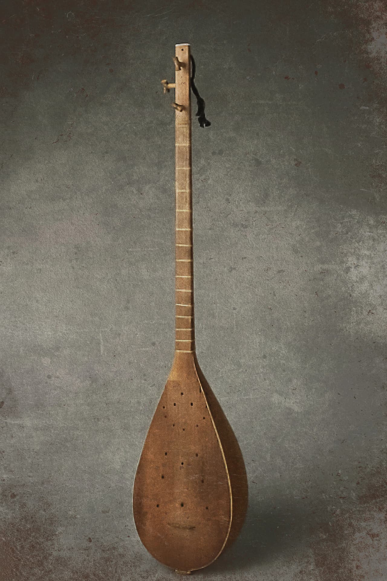 Gros plan d'un tanbur, un luth persan traditionnel à manche long
